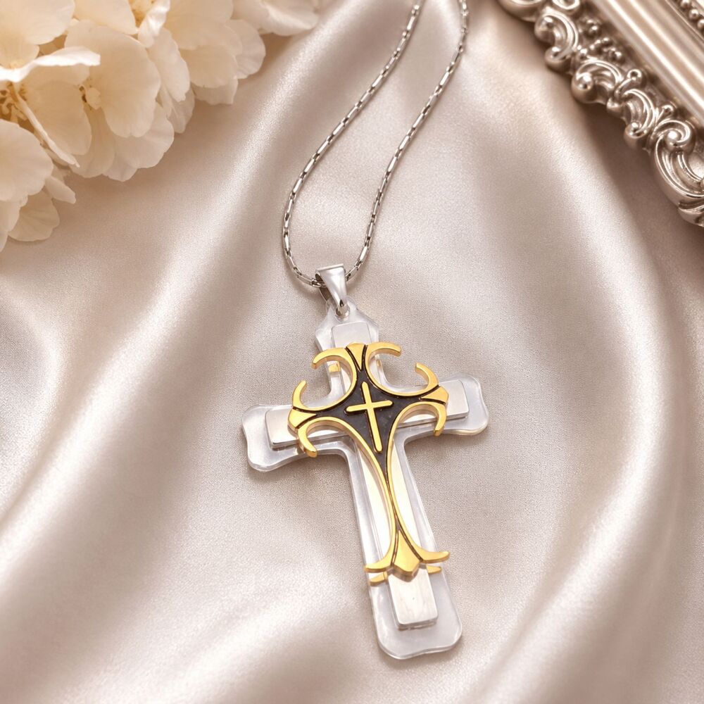 Vintage Stainless Steel Gold Tone Black Enamel Cross Necklace